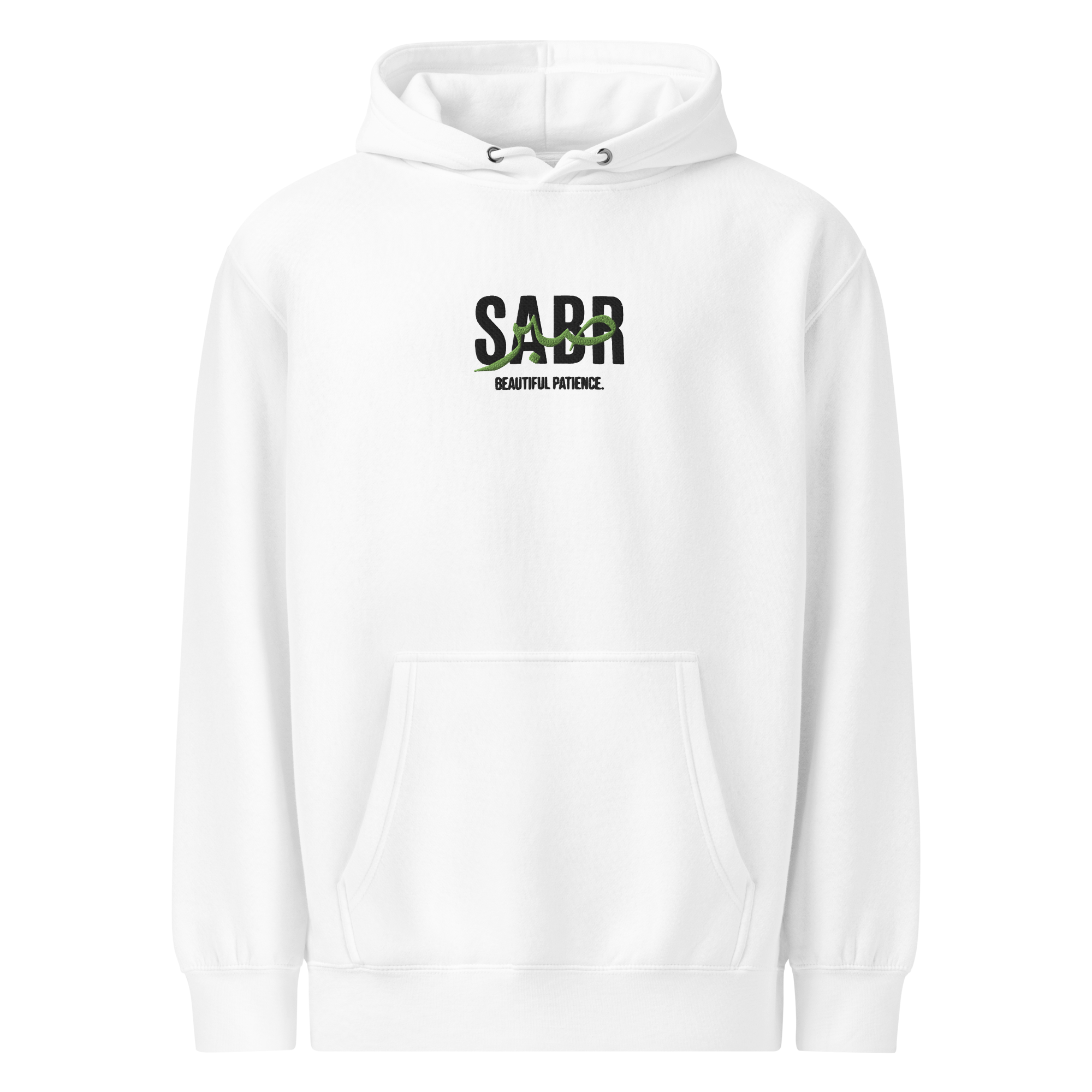 White hoodie with 'SABR' logo and text on a white background